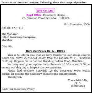 letter to an insurance company intimating about the change of prmises4