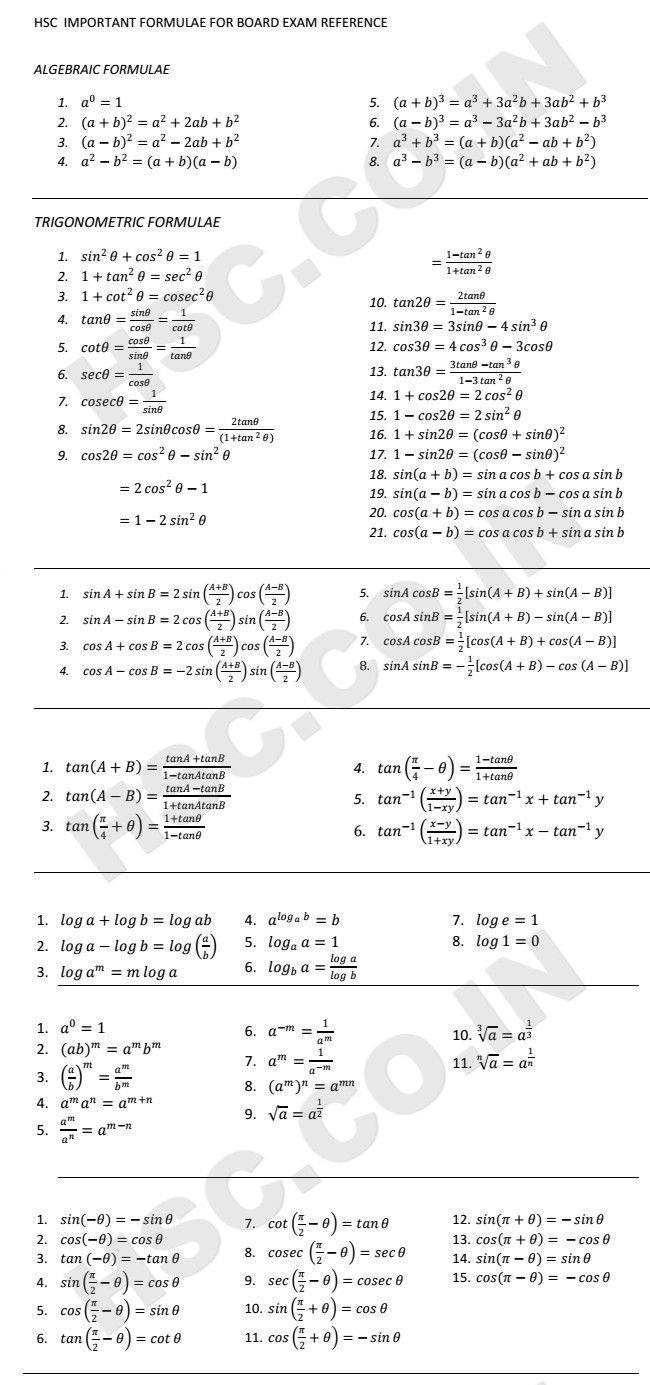 Math Formula Chart 12th Grade